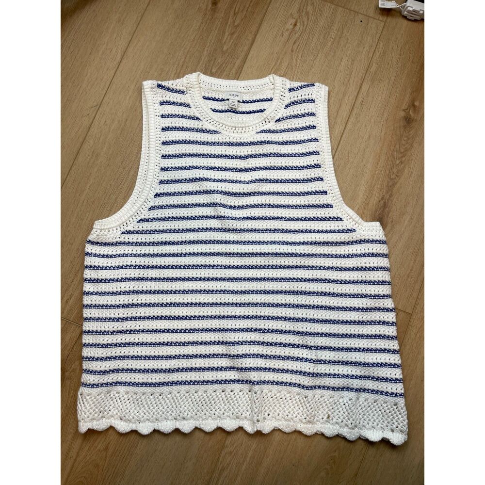 J. Crew White and Navy Crochet Stripe Tank